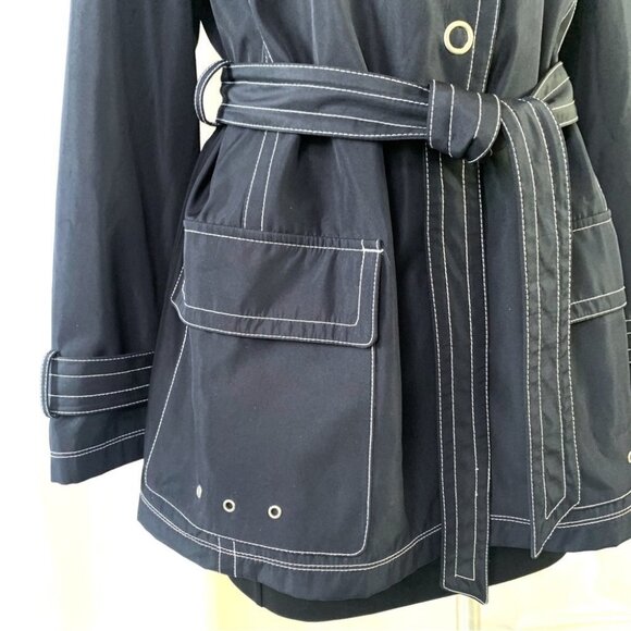 JONES NEW YORK BLUE COAT NAUTICAL TRENCH COAT  BELT CONTRASTING STITCHES LARGE - Picture 9 of 10